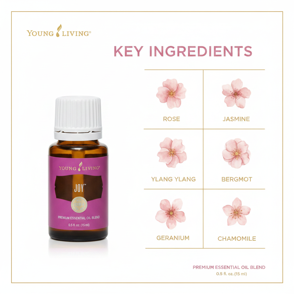 Young Living Joy essential oil key ingredients infographic with botanical illustrations