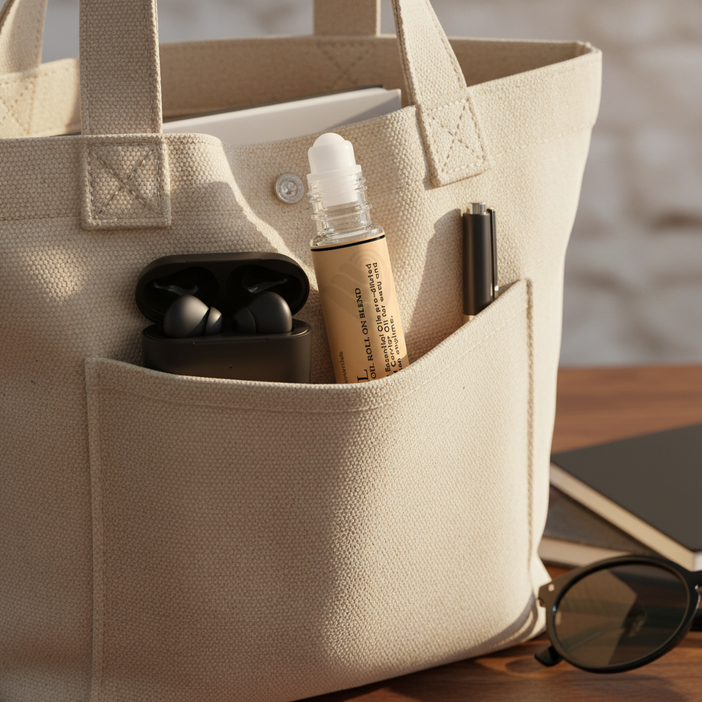 Aromine Essentials Chill Roll-On Blend in purse on-the-go lifestyle