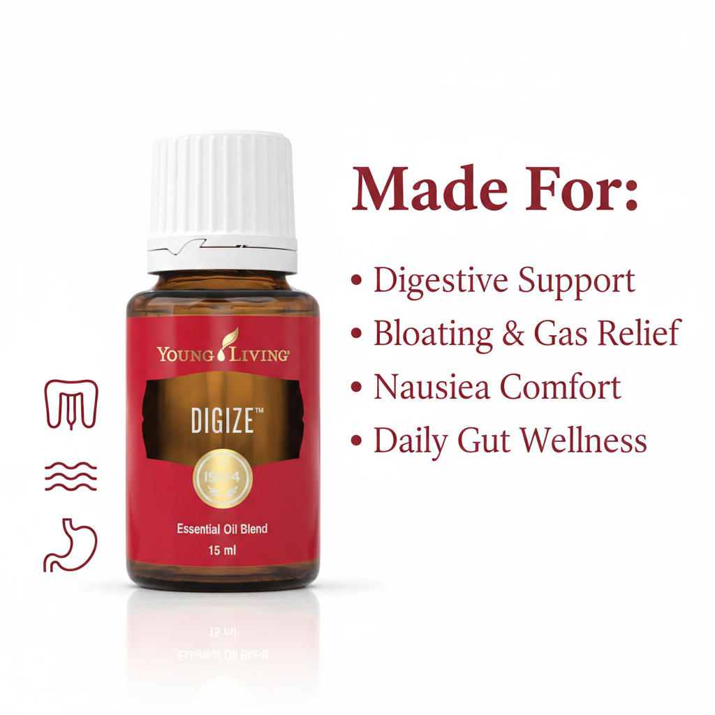 DiGize infographic - Made For Digestive Support, Bloating Relief, Nausea Comfort, Daily Gut Wellness