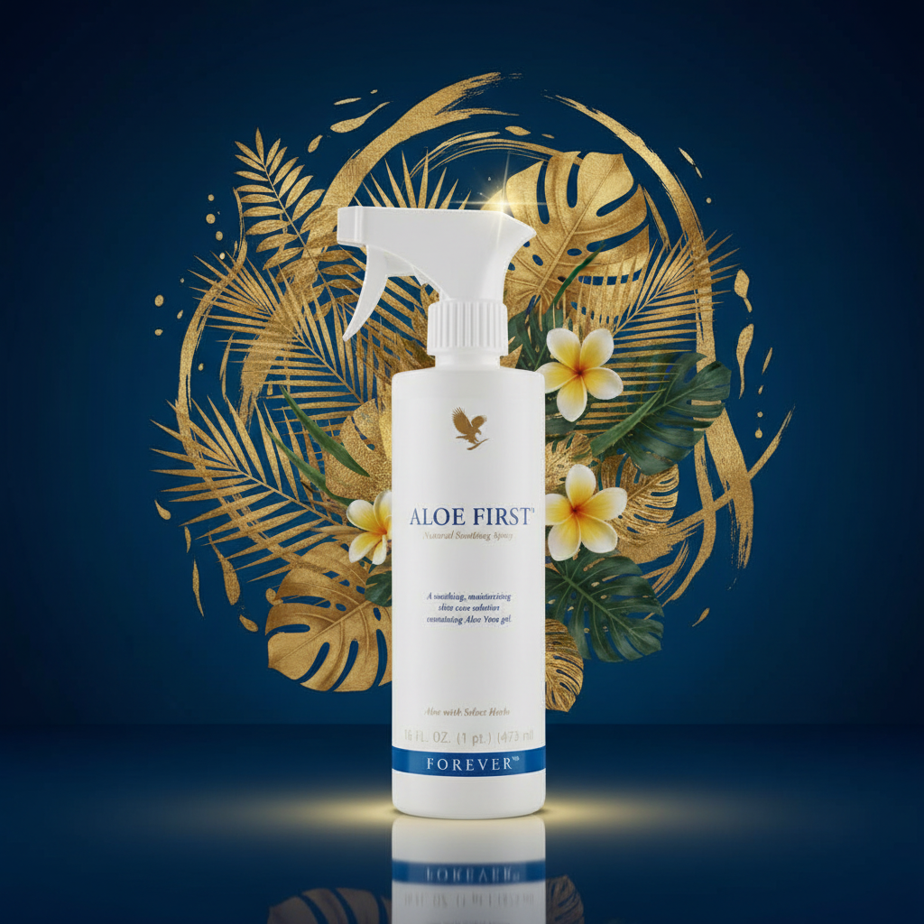 Forever Aloe First Spray on deep ocean blue and gold background