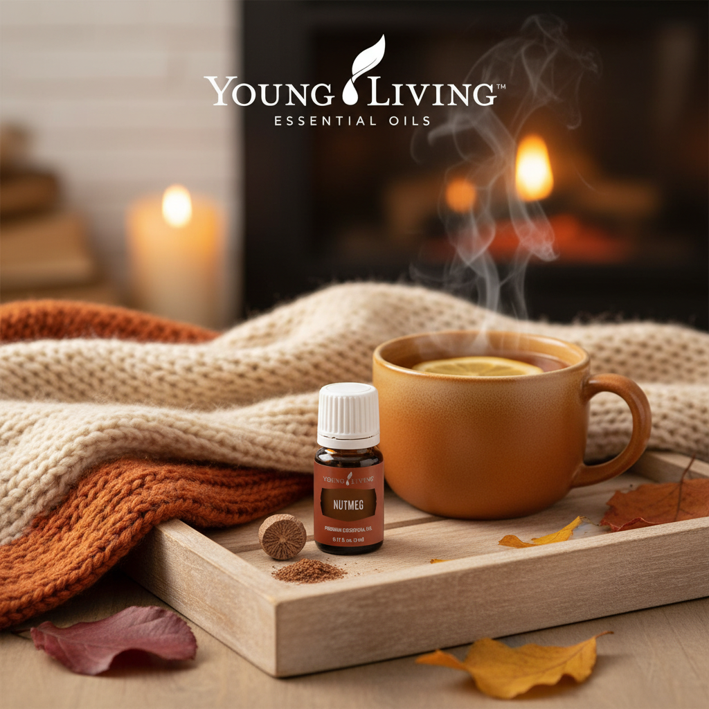 Nutmeg bottle on wooden tray with tea, knitted blanket and autumn leaves
