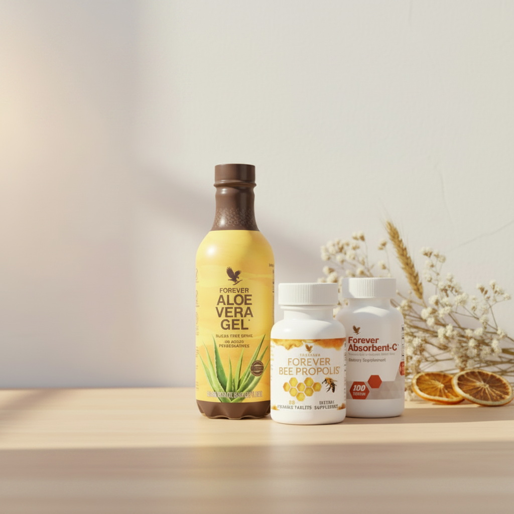 Forever Cold & Flu Support bundle on cream with dried flowers