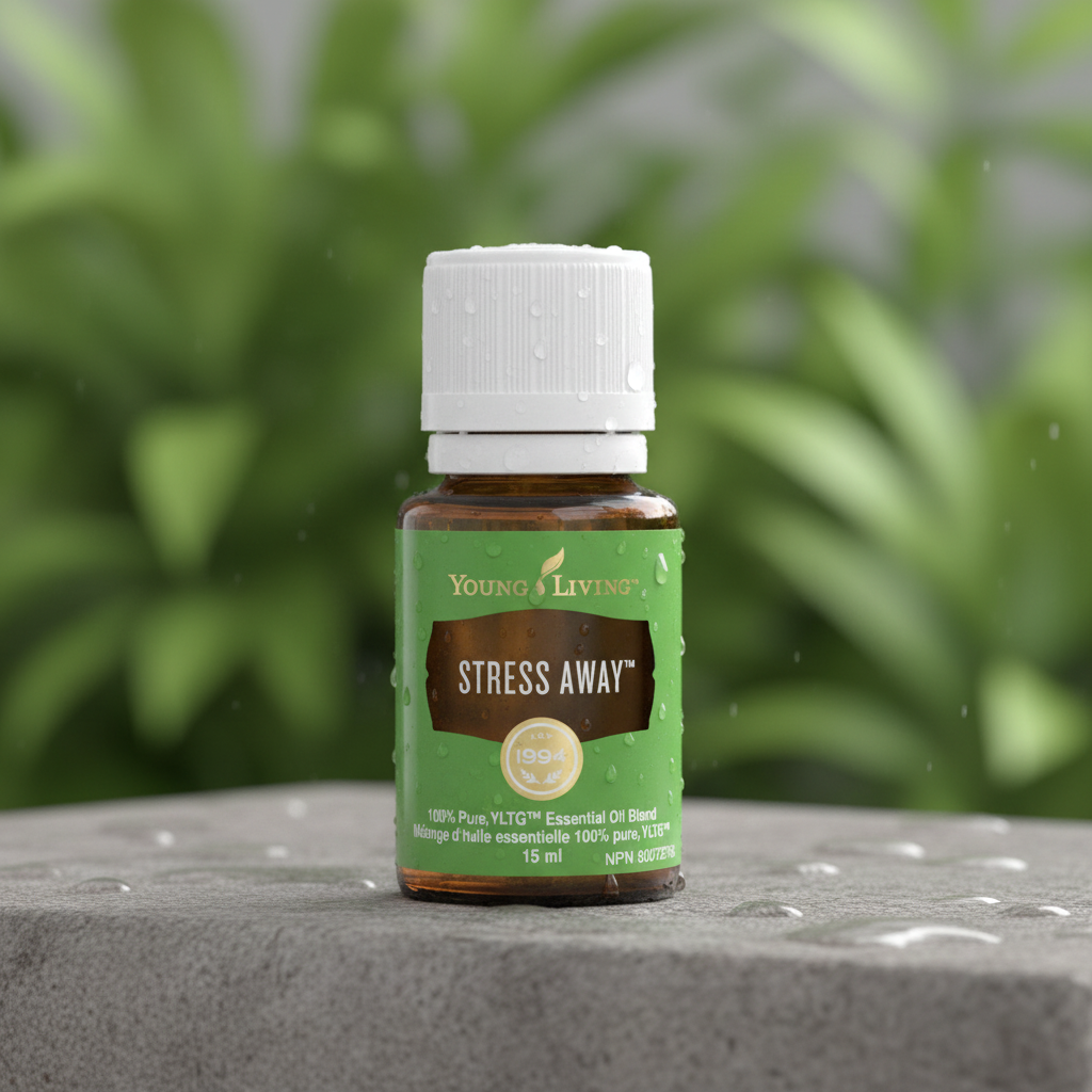 Stress Away essential oil macro shot on stone surface with green bokeh