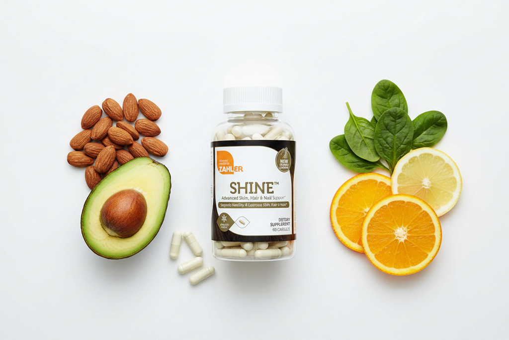 Zahler SHINE bottle with natural biotin-rich ingredients flat lay on white surface