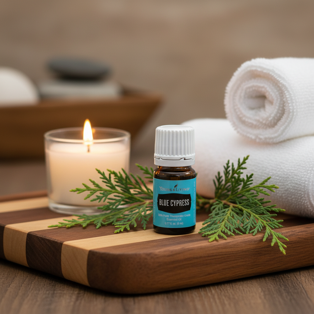Blue Cypress essential oil on wooden spa tray with cypress branches and candle