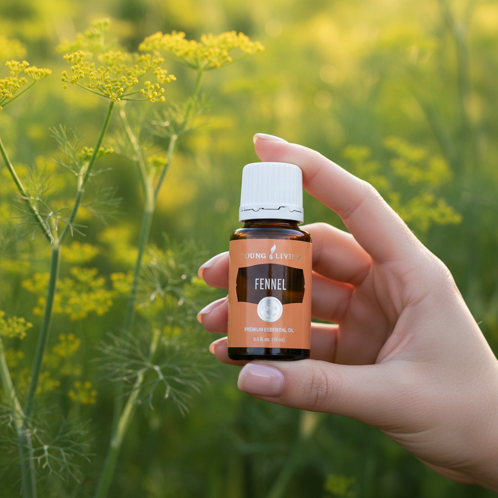Fennel essential oil held in hand with green garden background