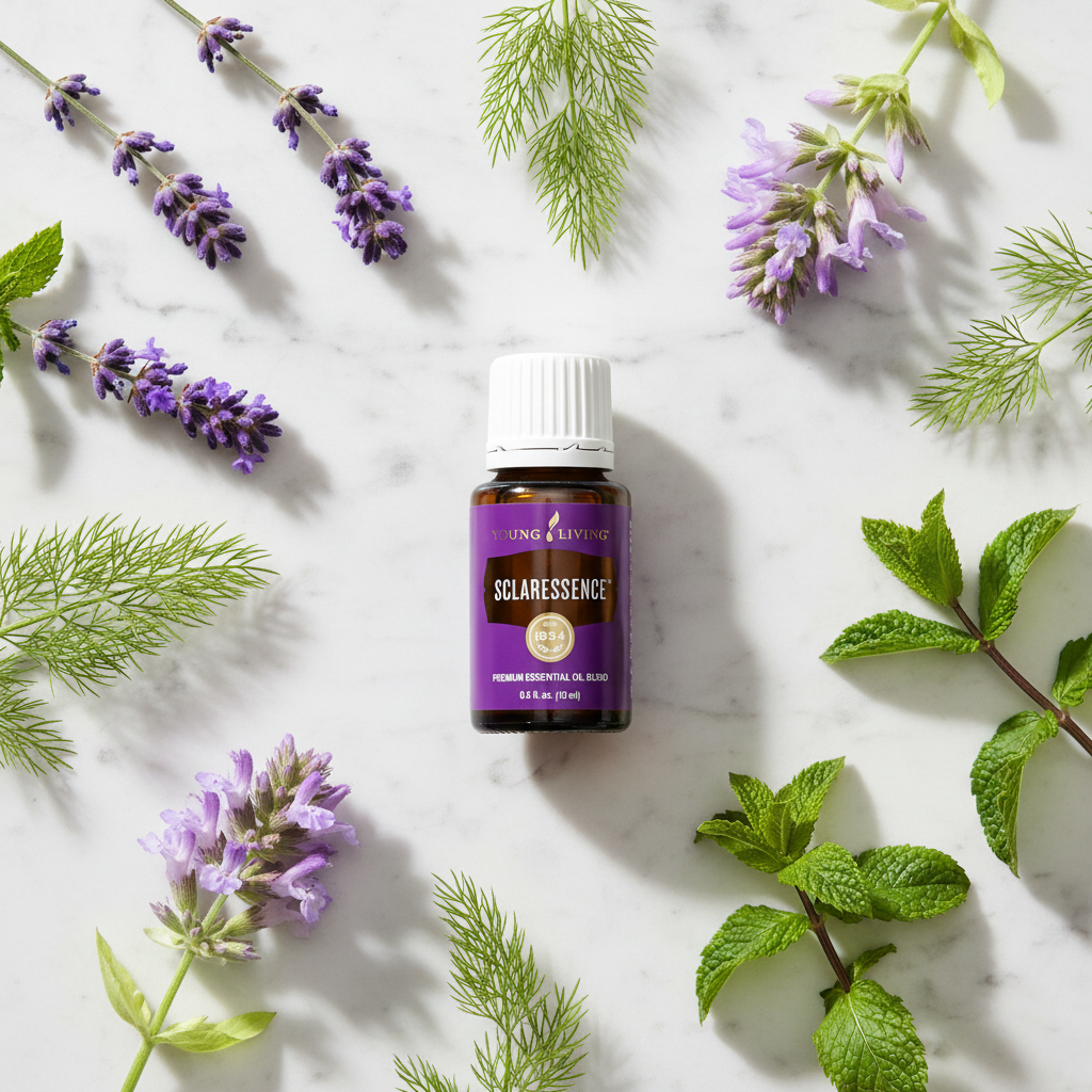 Sclaressence 15ml marble flat lay with clary sage lavender fennel and peppermint