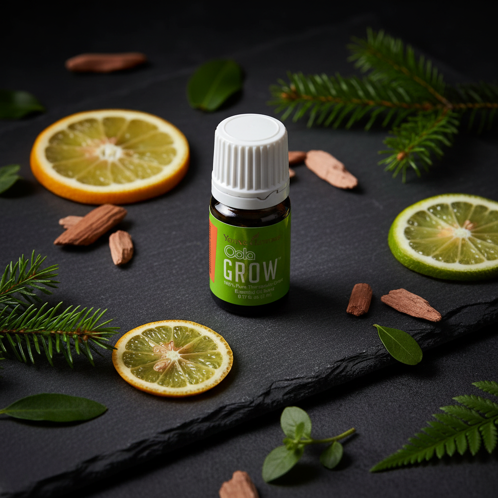 Young Living Oola Grow essential oil moody editorial on dark slate with cedarwood and spruce