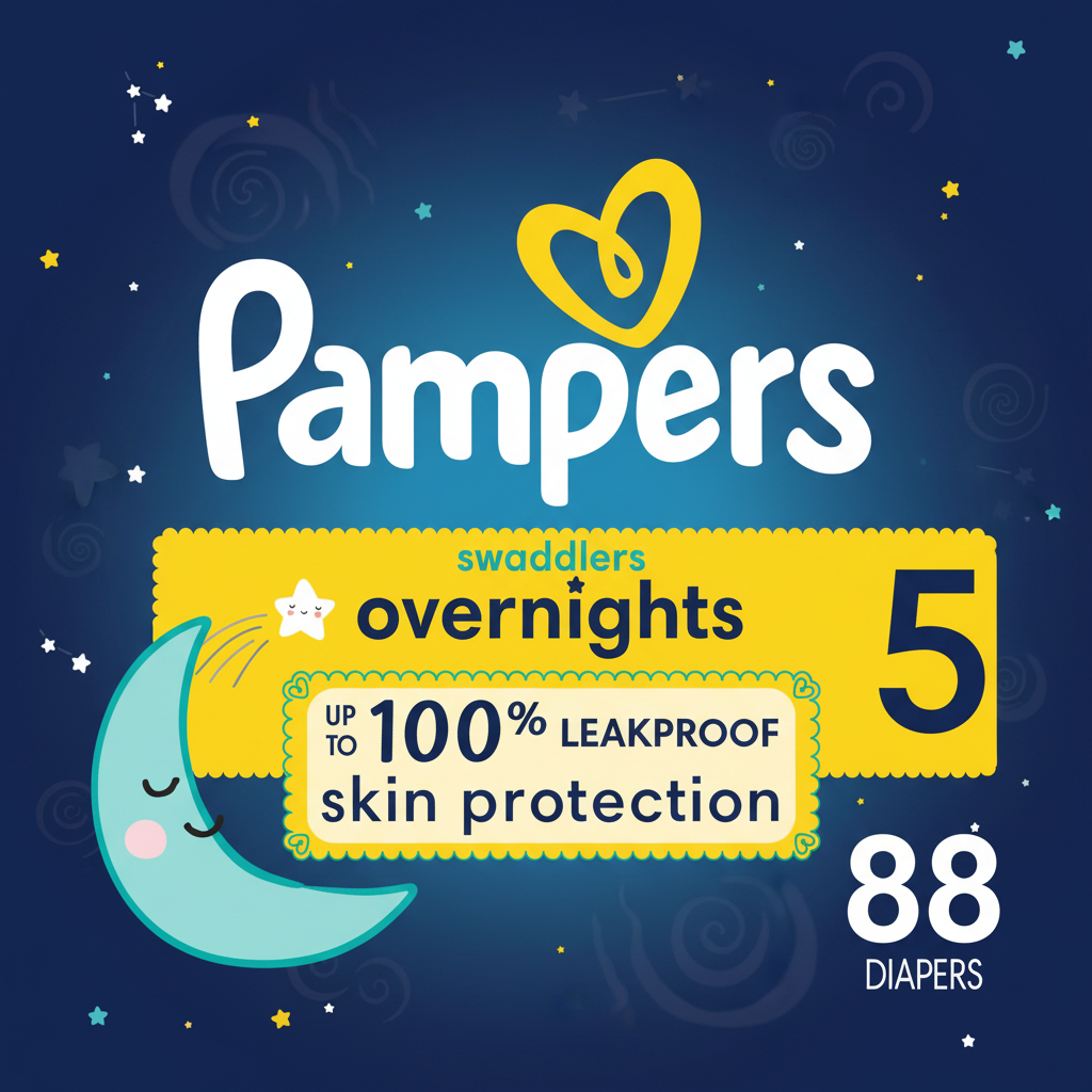 Pampers Swaddlers Overnights Size 5 diapers feature highlight glowing stars background