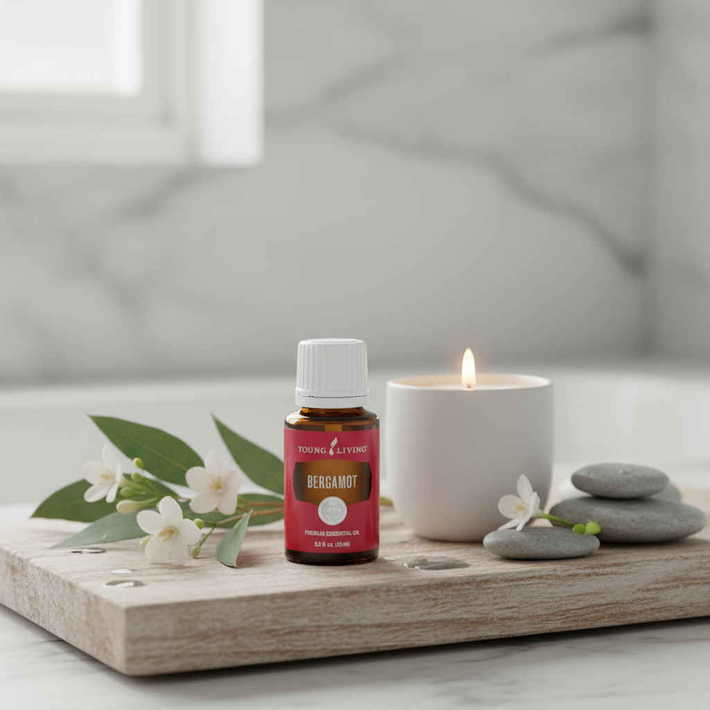 Bergamot essential oil on wooden tray with candle