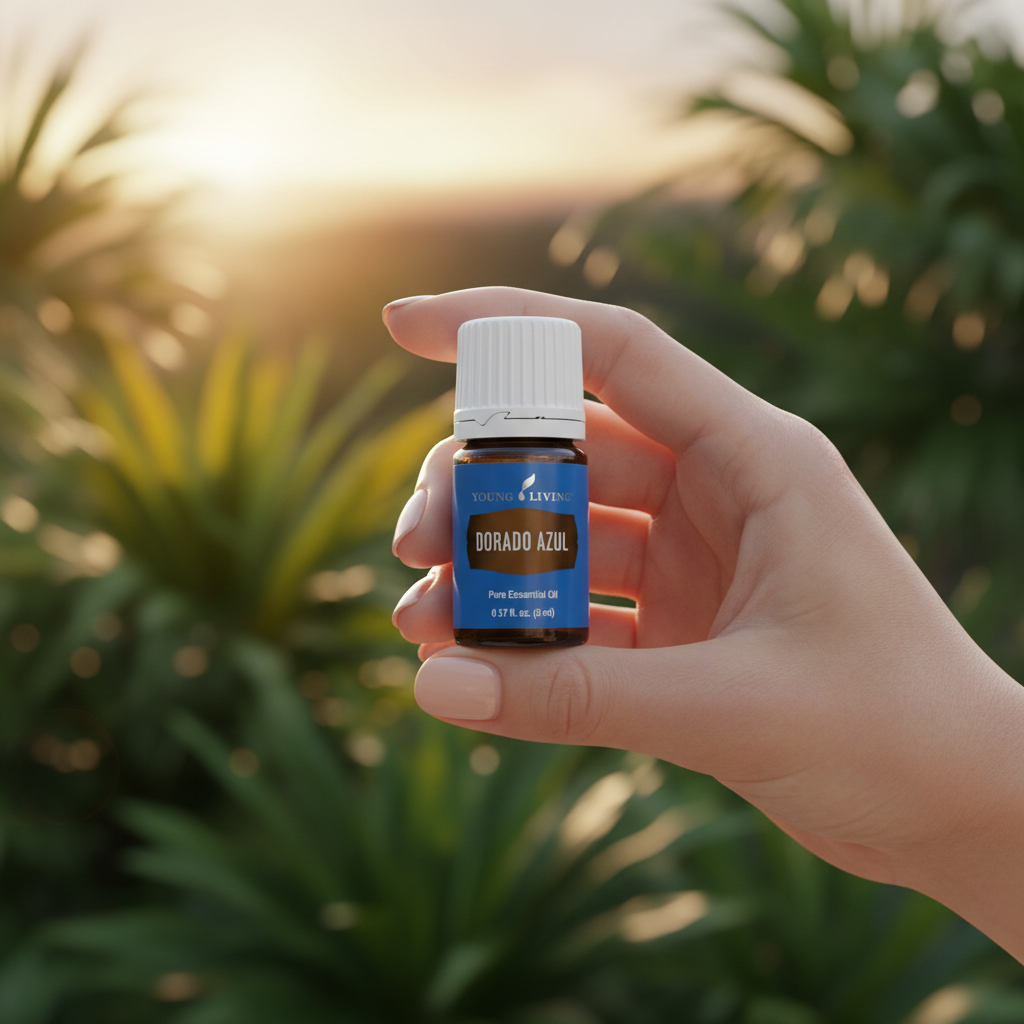 Dorado Azul essential oil held in hand with lush tropical background