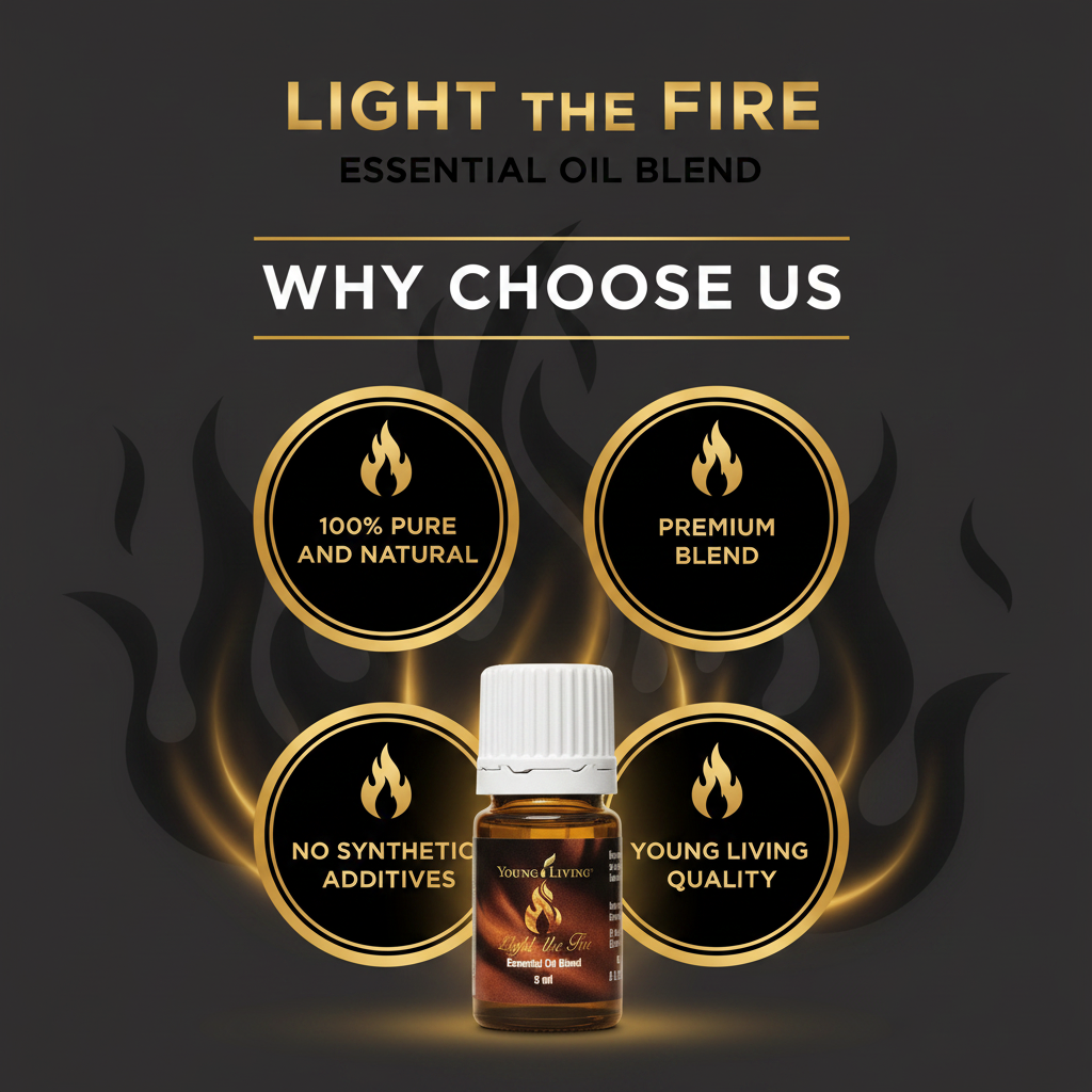 Light the Fire Essential Oil quality badges infographic