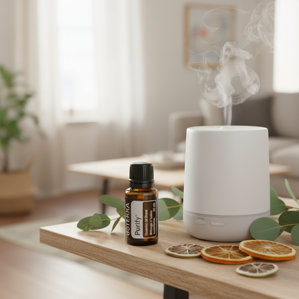 doTERRA Purify next to diffuser on wooden shelf in cozy living room
