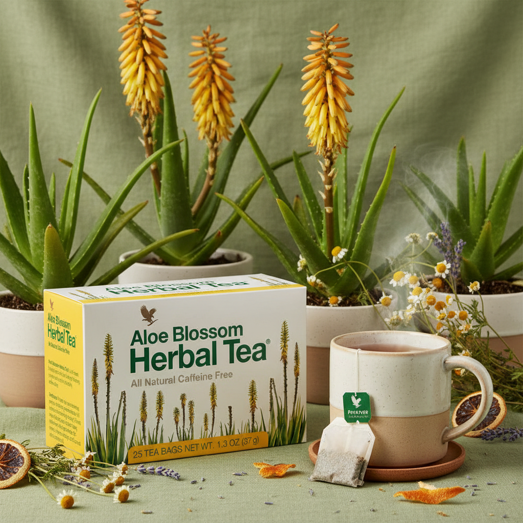 Forever Aloe Blossom Herbal Tea on sage green botanical background