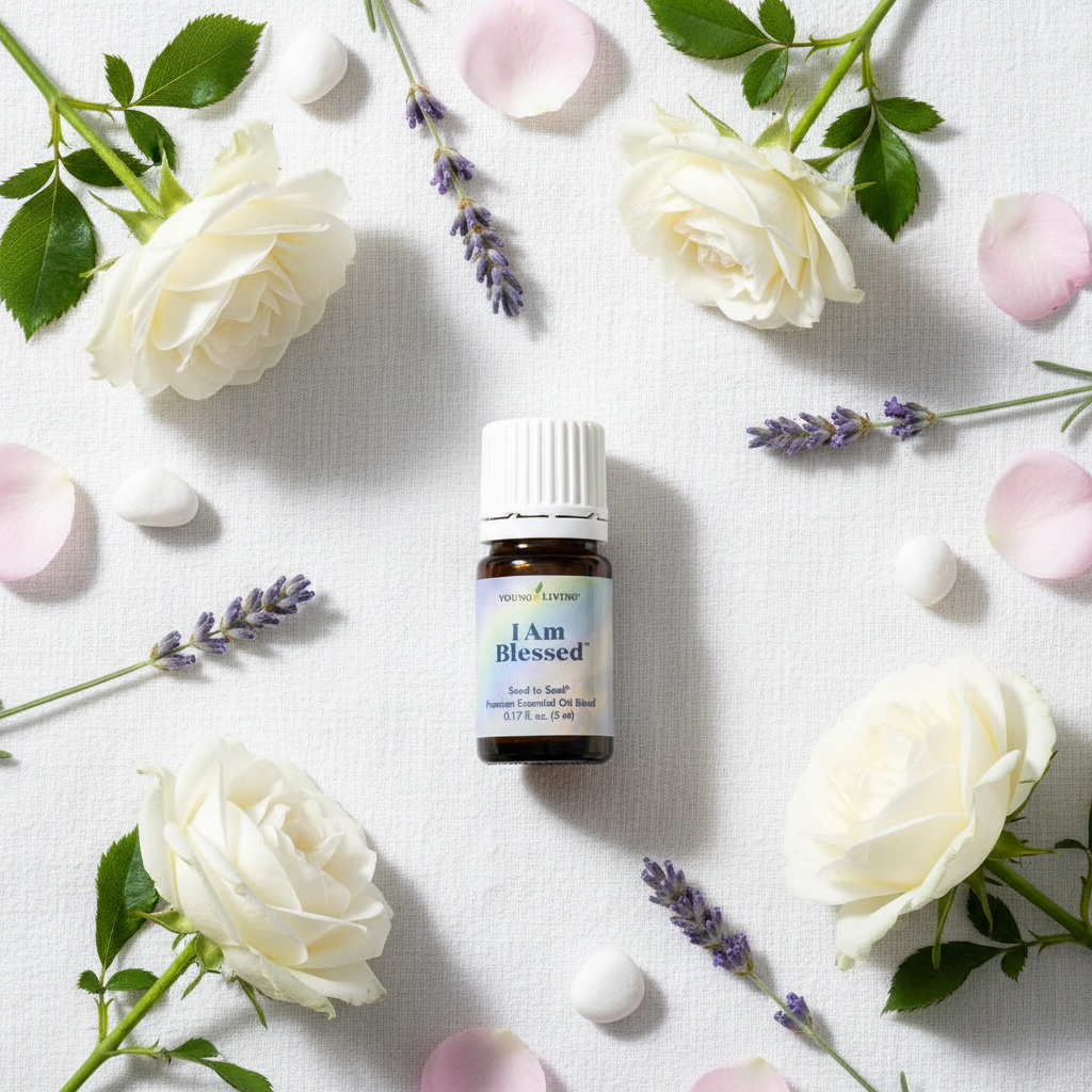 I Am Blessed essential oil rose and lavender flat lay