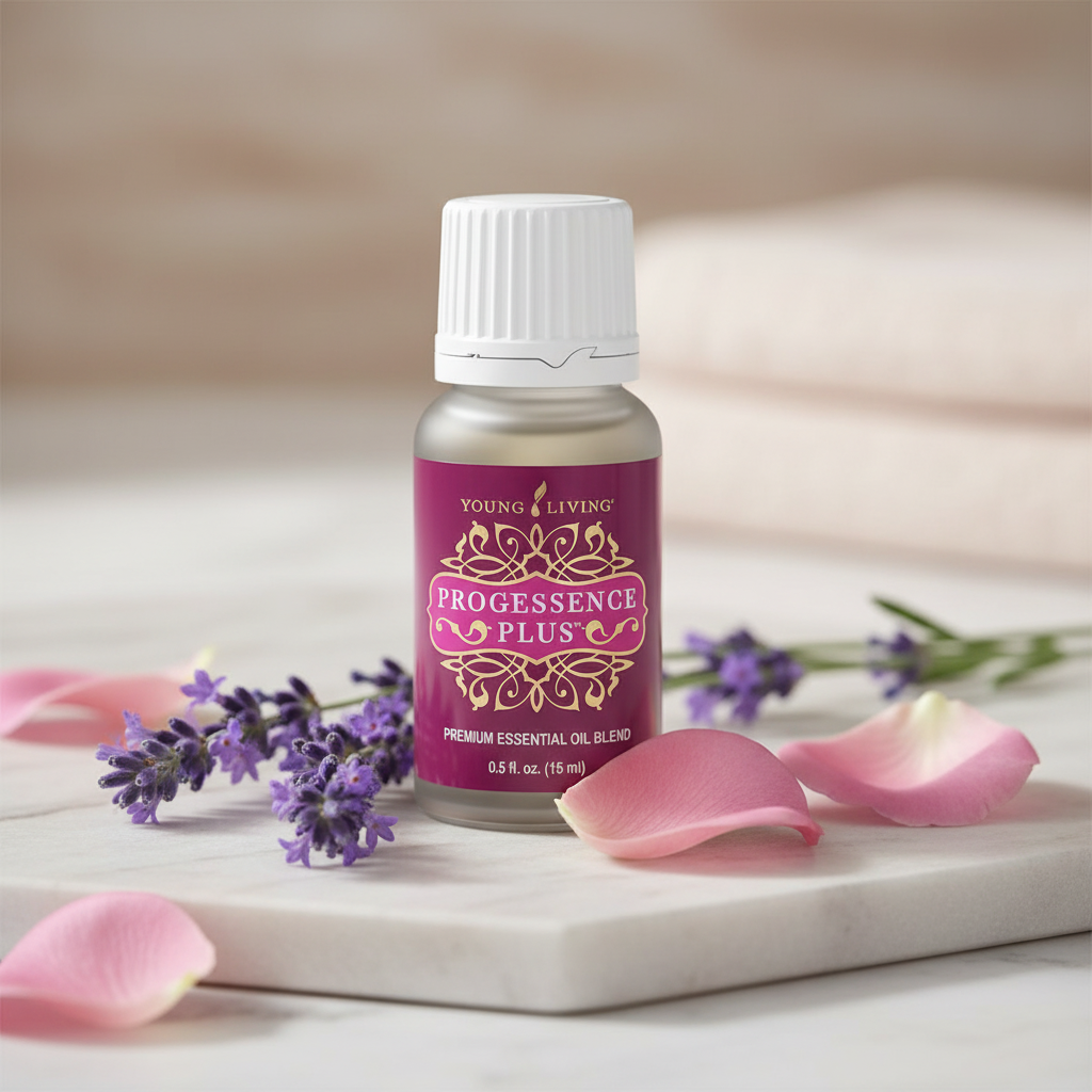 Progessence Plus bottle on marble with botanicals