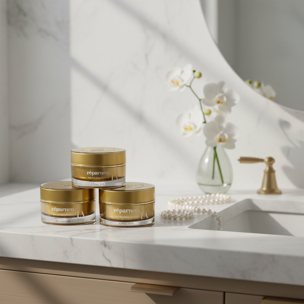 réparneu Gold Anti-Aging Formula luxury marble vanity scene with orchid