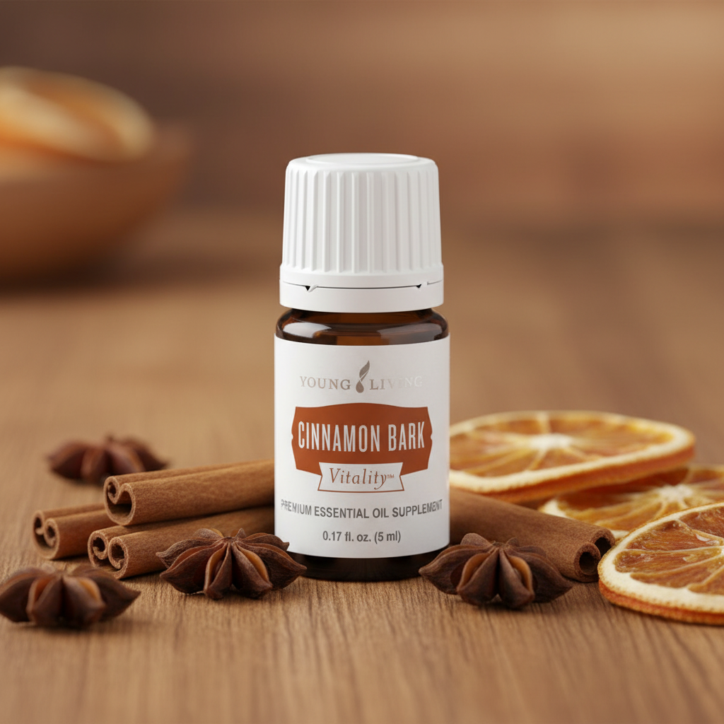 Cinnamon Bark Vitality bottle with cinnamon sticks star anise and dried orange on wood