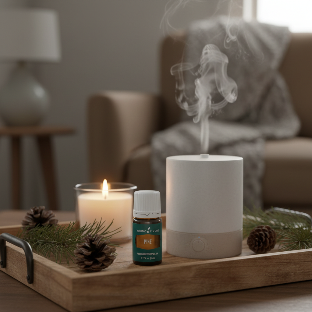 Pine essential oil next to ceramic diffuser with mist and pine botanicals