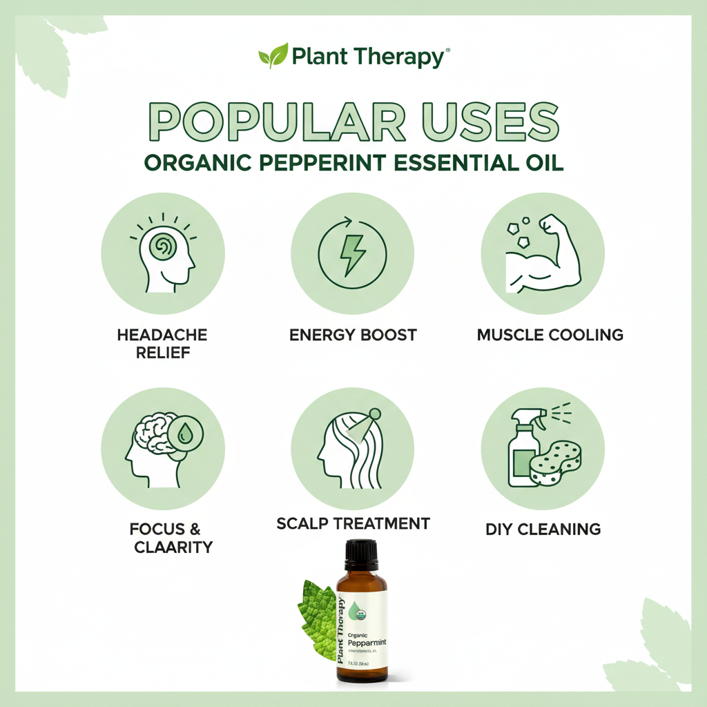 Plant Therapy Organic Peppermint popular uses infographic