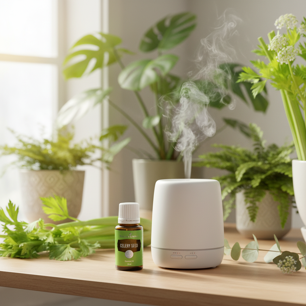 Celery Seed Essential Oil with diffuser and botanicals