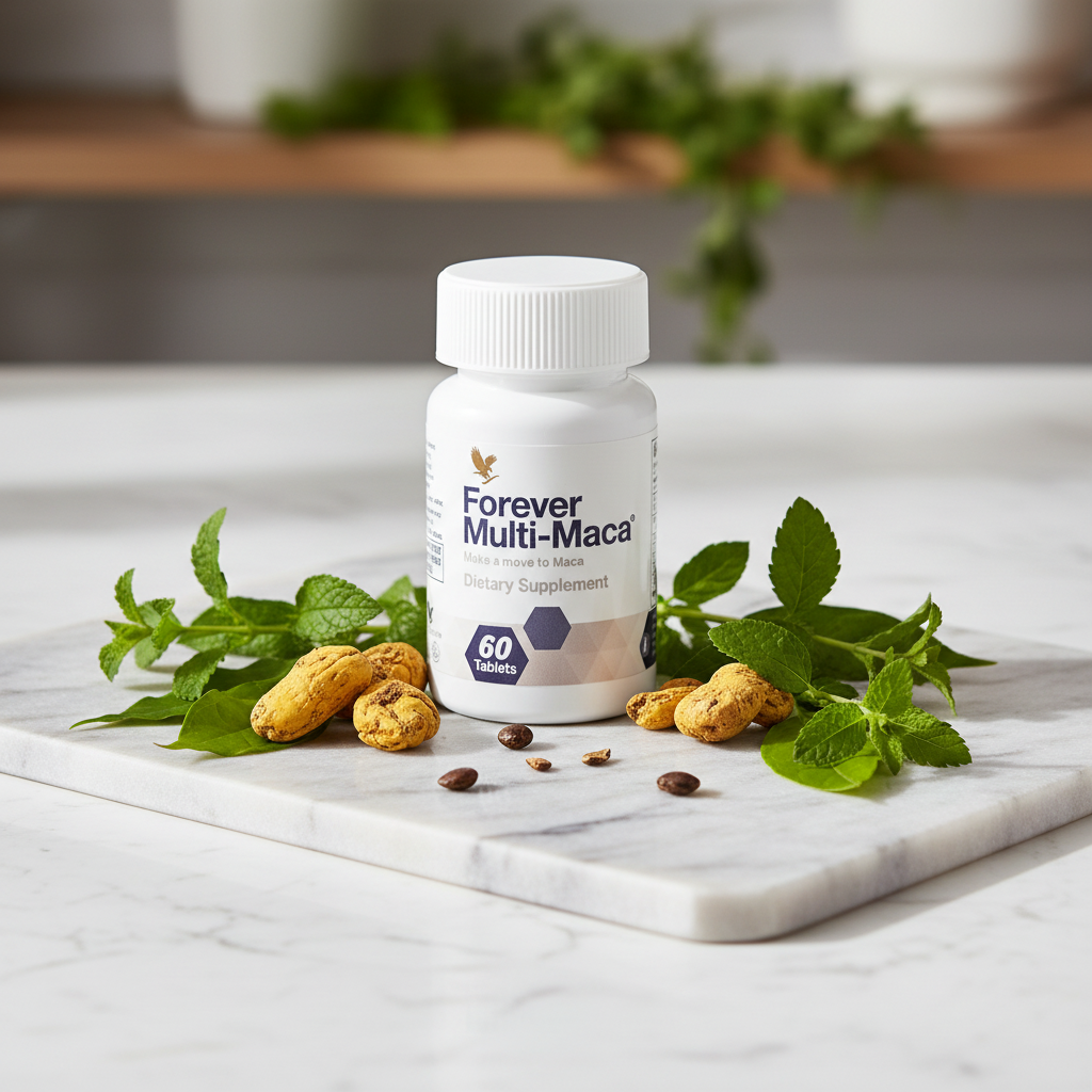 Forever Multi-Maca bottle on white marble with maca root