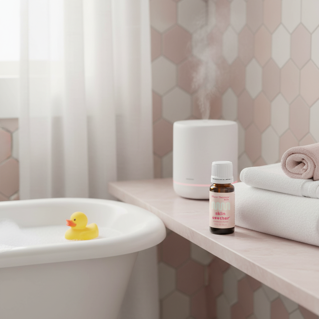 Skin Soother bottle next to child's bath with rubber duck and towels