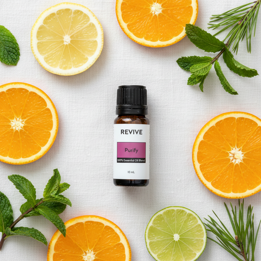 Revive Purify oil flat lay with citrus mint and pine on white linen