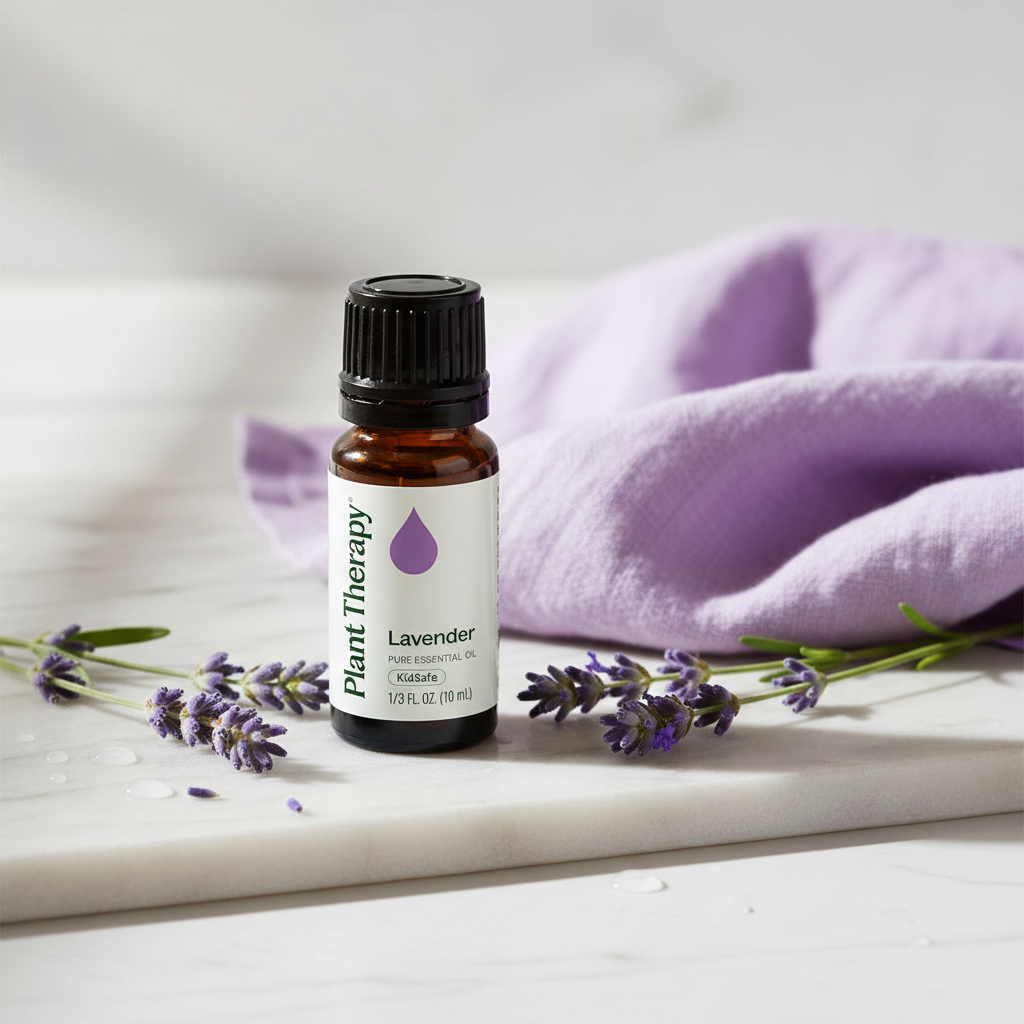 Lavender bottle on marble with fresh lavender sprigs and purple linen