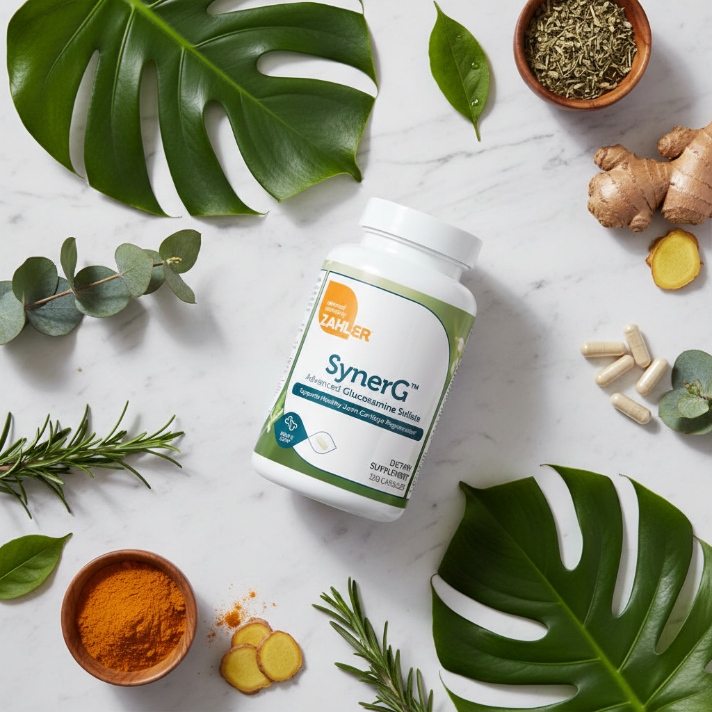 SynerG bottle on white marble with botanical leaves