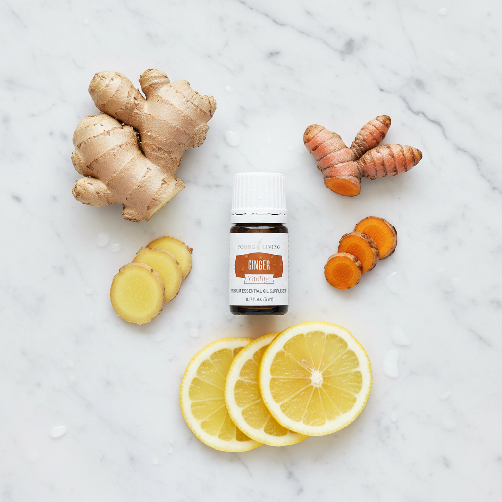Ginger Vitality bottle flat lay on marble with ginger root, turmeric and lemon