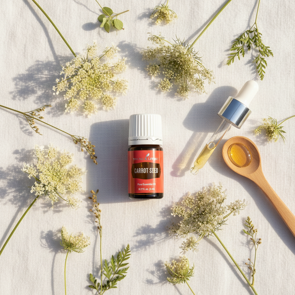 Carrot Seed essential oil flat lay with wild carrot flowers and botanicals on linen
