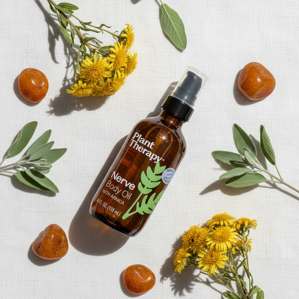 Plant Therapy Nerve Body Oil flat lay on white linen with arnica and amber stones