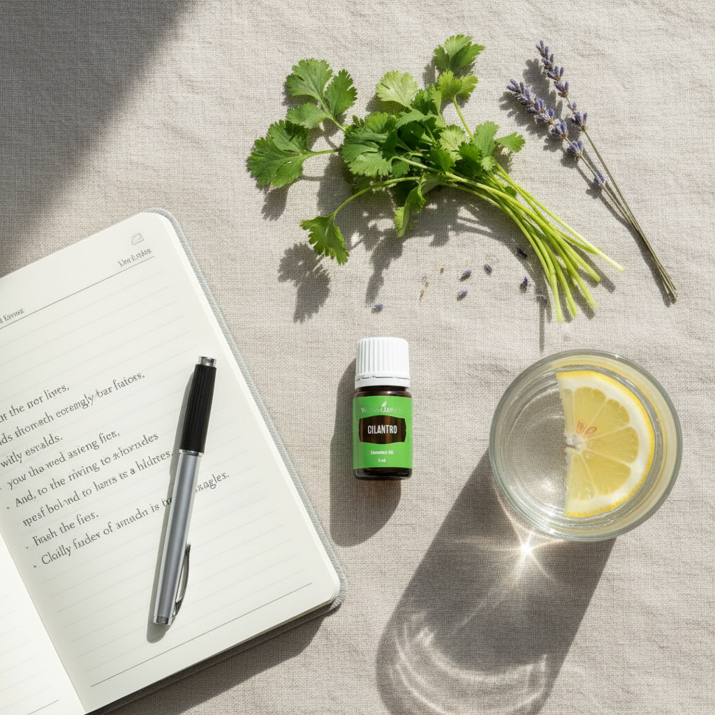Young Living Cilantro Essential Oil in a morning wellness routine flatlay
