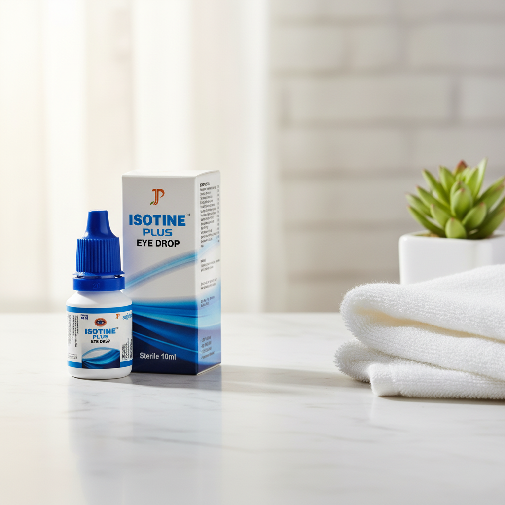 Isotine Plus Eye Drop bottle and box on a clean bathroom counter