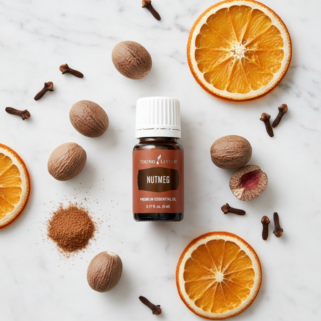 Nutmeg bottle on white marble with nutmeg seeds, dried orange slices and cloves