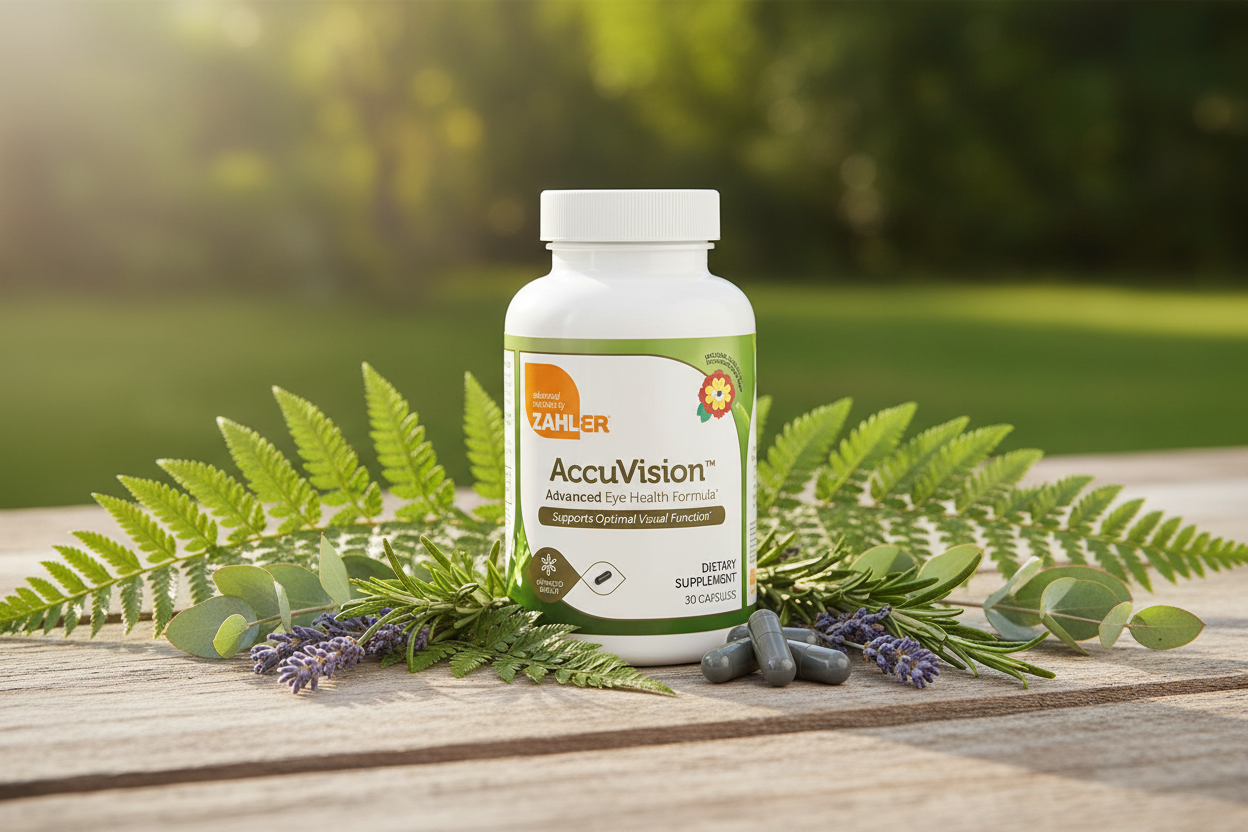 Zahler AccuVision bottle with natural botanical elements lifestyle photo