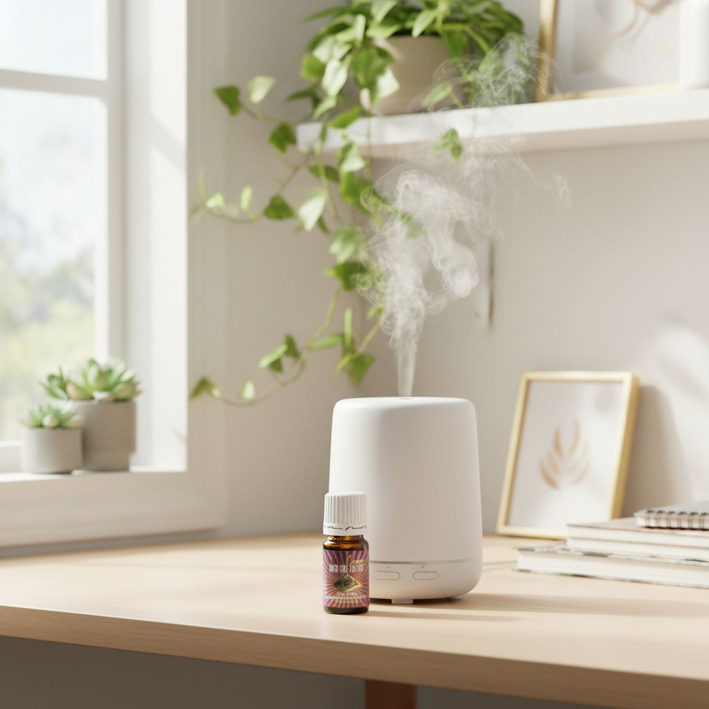 Into The Future essential oil beside diffuser in home office