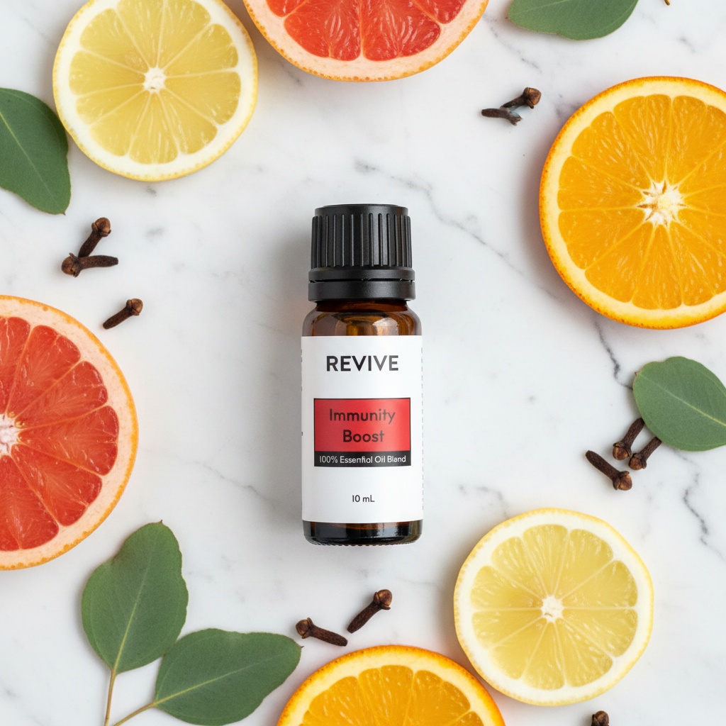 REVIVE Immunity Boost with citrus eucalyptus and clove on white marble