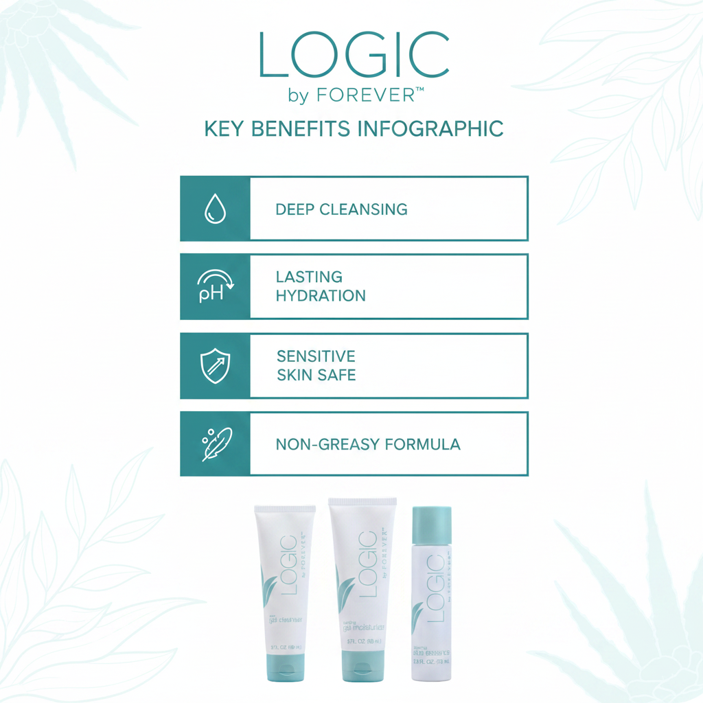 Logic by Forever benefits infographic - deep cleansing, pH balancing, lasting hydration