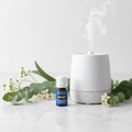 Higher Unity essential oil beside diffuser on marble with eucalyptus
