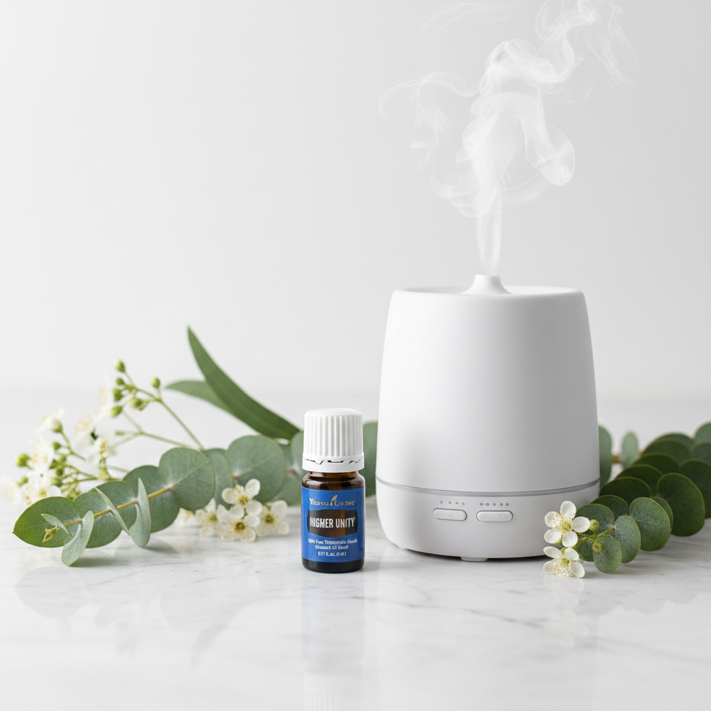 Higher Unity essential oil beside diffuser on marble with eucalyptus