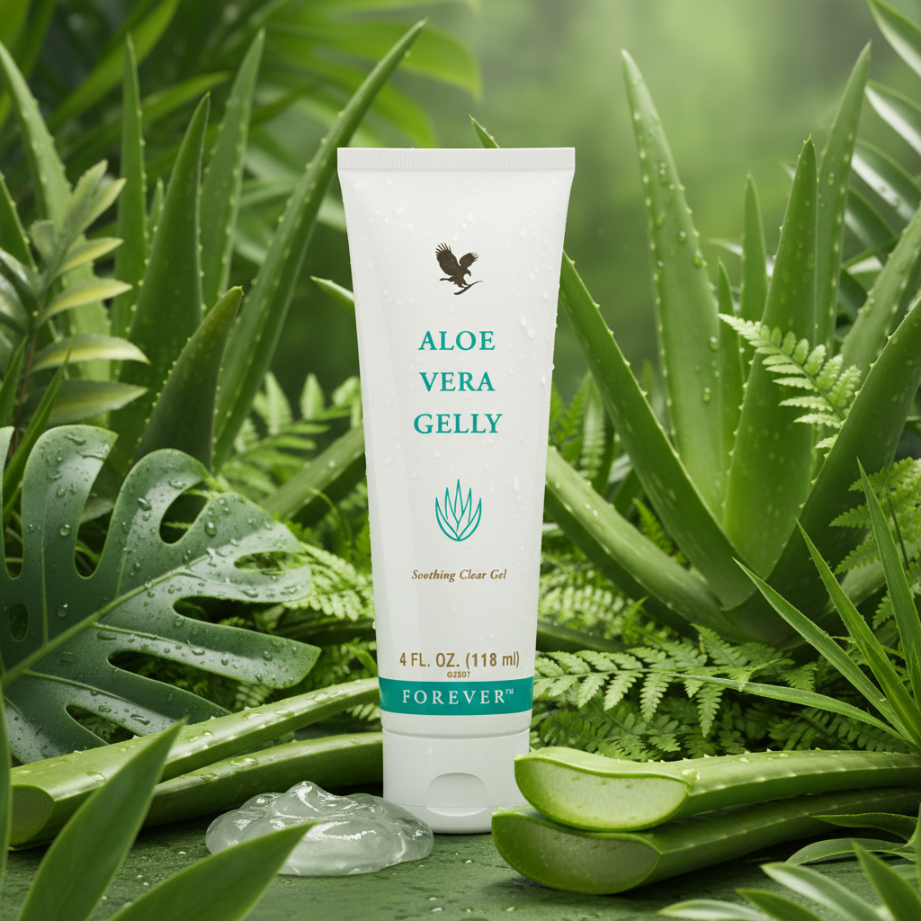 Forever Aloe Vera Gelly on lush tropical green background