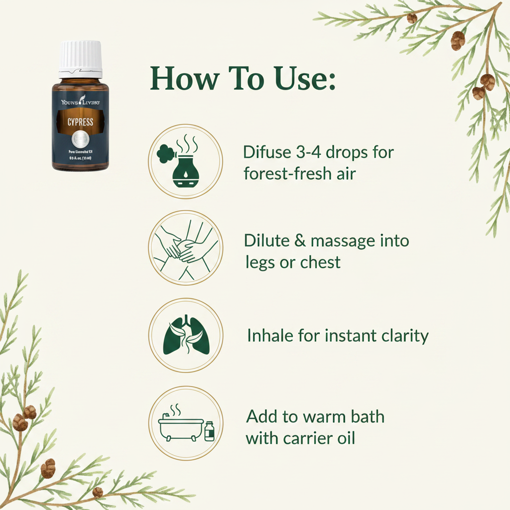Cypress essential oil how to use infographic - Diffuse, Massage, Inhale, Bath
