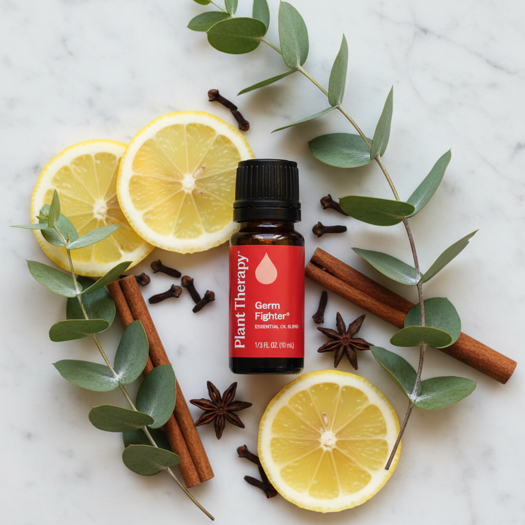 Plant Therapy Germ Fighter on marble with eucalyptus, lemon and botanicals