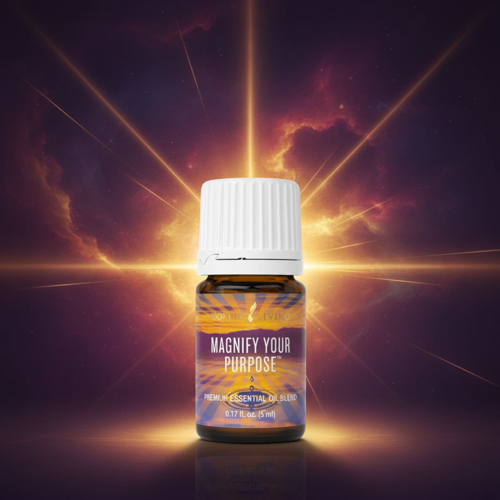 Young Living Magnify Your Purpose Essential Oil with dramatic golden sunrise rays
