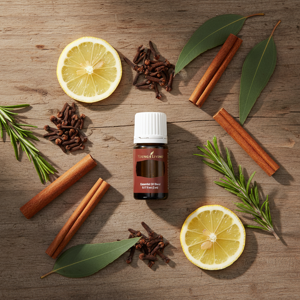 Thieves Essential Oil with cloves cinnamon lemon eucalyptus rosemary ingredients