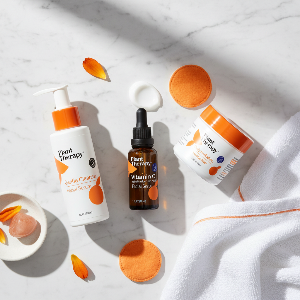 Plant Therapy Vitamin C Serum with full skincare routine on marble vanity