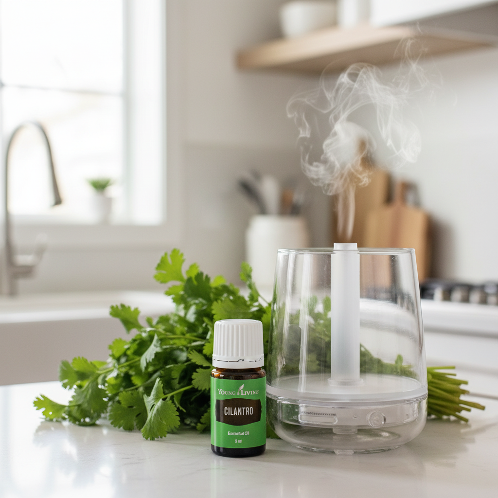 Young Living Cilantro Essential Oil next to a diffuser with fresh green herbs