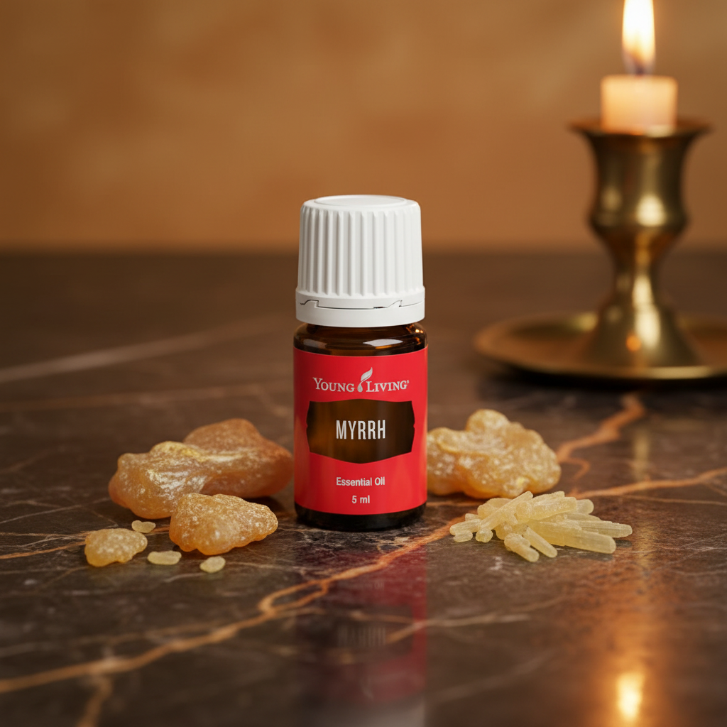 Myrrh essential oil on dark marble with golden myrrh resin chunks and candlelight
